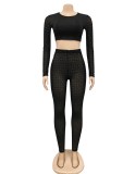 Spring Sexy Black Rhinestone See Through Round Neck Long Sleeve Crop Top And Pant Wholesale Two Piece Clothing