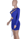 Spring Sexy Blue One Shoulder Long Sleeve Cut Out Draw String Mini Dress