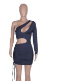 Spring Sexy Dk-Grey One Shoulder Long Sleeve Cut Out Draw String Mini Dress