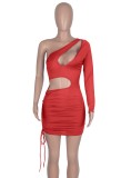 Spring Sexy Red One Shoulder Long Sleeve Cut Out Draw String Mini Dress