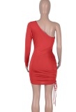 Spring Sexy Red One Shoulder Long Sleeve Cut Out Draw String Mini Dress