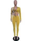 Spring Sexy Yellow Print Turndown Collar Long Sleeve Crop Top And Pant Wholesale 2 Piece Outfits