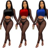 Spring Sexy Blue Contrast Black Rhinestone See Through Round Neck Long Sleeve Crop Top And Pant Wholesale Two Piece Clothing