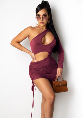 Spring Sexy Wine Red One Shoulder Long Sleeve Cut Out Draw String Mini Dress