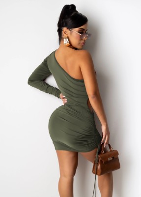 Spring Sexy Olive Green One Shoulder Long Sleeve Cut Out Draw String Mini Dress