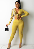 Spring Sexy Yellow Print Turndown Collar Long Sleeve Crop Top And Pant Wholesale 2 Piece Outfits