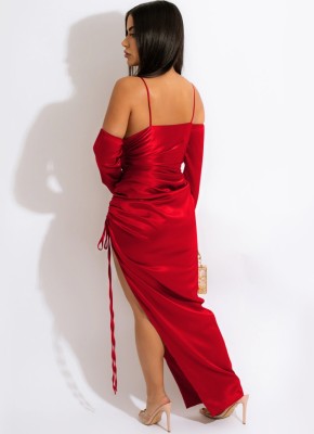 Spring Sexy Red Satin Long Sleeve Off Shoulder Straps Slit Long Dress