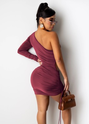 Spring Sexy Wine Red One Shoulder Long Sleeve Cut Out Draw String Mini Dress