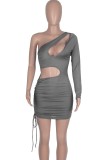 Spring Sexy Grey Purple One Shoulder Long Sleeve Cut Out Draw String Mini Dress