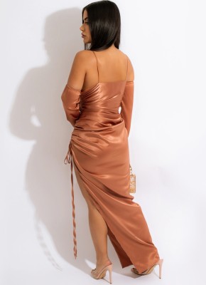 Spring Sexy Brown Satin Long Sleeve Off Shoulder Straps Slit Long Dress