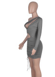 Spring Sexy Grey Purple One Shoulder Long Sleeve Cut Out Draw String Mini Dress