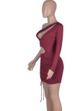Spring Sexy Wine Red One Shoulder Long Sleeve Cut Out Draw String Mini Dress