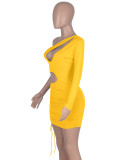 Spring Sexy Yellow One Shoulder Long Sleeve Cut Out Draw String Mini Dress