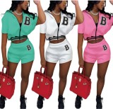 Summer Casual Green Letter Print Zipper Crop Top And Shorts Wholesale Two Piece Short Set