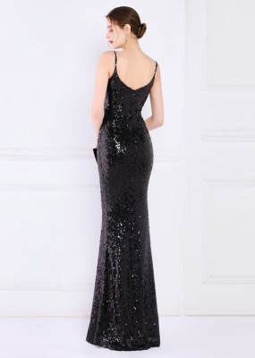 Women Summer Black Modest Strap Sleeveless Solid Sequined Mermaid Evening Dress