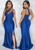 Women Summer Blue Sexy One Shoulder Sleeveless Solid Silt Evening Dress