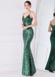 Women Summer Green Romantic Strap Sleeveless Solid Sequined Mermaid Evening Dress