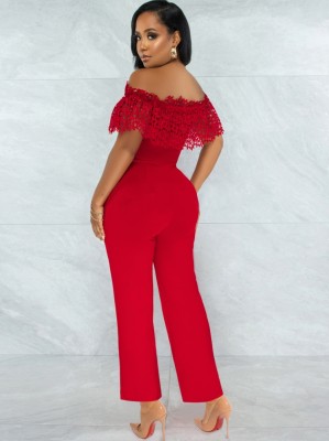 Women Summer Red Romantic Off-the-shoulder Sleeveless Solid Hollow Out Ankle Length Regular Jumpsuit