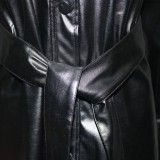 Women Spring Black Modest Turn-down Collar Full Sleeves PU Leather Belted Mini Casual Dresses