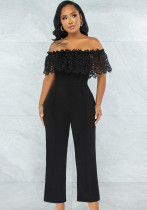 Women Summer Black Formal Off-the-shoulder Sleeveless Solid Hollow Out Ankle Length Regular Jumpsuit