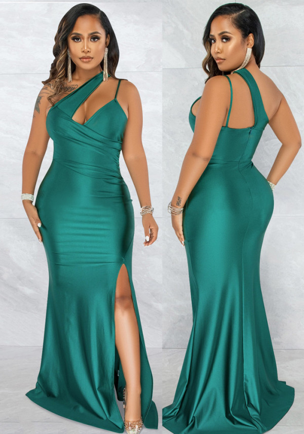 Women Summer Green Sexy One Shoulder Sleeveless Solid Silt Evening Dress