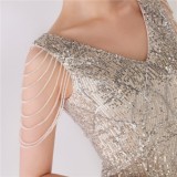 Women Summer Silver Modest V-neck Sleeveless Sequined Mini Slit Club Dress