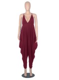 Women Summer Burgunry Casual Strap Sleeveless Solid Ankle Length Loose Jumpsuit