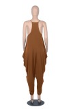 Women Summer Khaki Casual Strap Sleeveless Solid Ankle Length Loose Jumpsuit