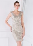 Women Summer Silver Modest V-neck Sleeveless Sequined Mini Slit Club Dress