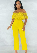 Women Summer Yellow Modest Off-the-shoulder Sleeveless Solid Hollow Out Ankle Length Regular Jumpsuit