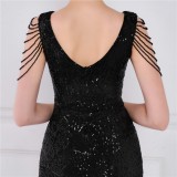Women Summer Black Modest V-neck Sleeveless Sequined Mini Slit Club Dress
