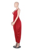 Women Summer Red Casual Strap Sleeveless Solid Ankle Length Loose Jumpsuit