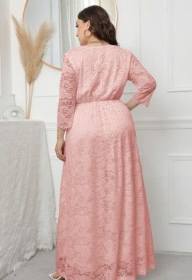 Women Spring Pink Romantic V-neck Three Quarter Sleeves Solid Lace Maxi Loose Plus Size Evening Dress