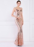 Women Summer Gold Romantic Strap Sleeveless Solid Sequined Mermaid Evening Dress