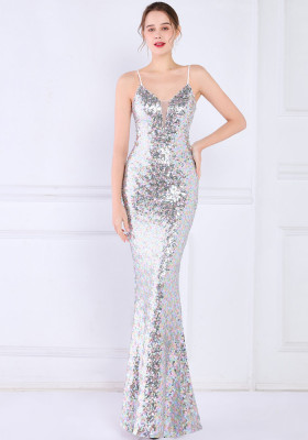 Women Summer Silver Modest Strap Sleeveless Sequined Mermaid Evening Dress