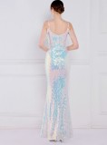 Women Summer Blue Modest Strap Sleeveless Sequined Mermaid Evening Dress