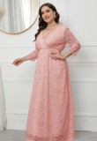 Women Spring Pink Romantic V-neck Three Quarter Sleeves Solid Lace Maxi Loose Plus Size Evening Dress