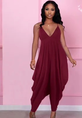 Women Summer Burgunry Casual Strap Sleeveless Solid Ankle Length Loose Jumpsuit