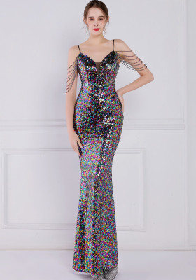 Women Summer Black Romantic Strap Sleeveless Sequined Mermaid Evening Dress