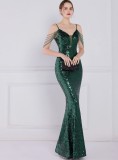 Women Summer Green Vintage Strap Sleeveless Solid Sequined Mermaid Evening Dress