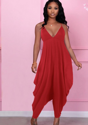 Women Summer Red Casual Strap Sleeveless Solid Ankle Length Loose Jumpsuit