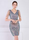 Women Summer Blue Formal V-neck Sleeveless Sequined Mini Slit Club Dress