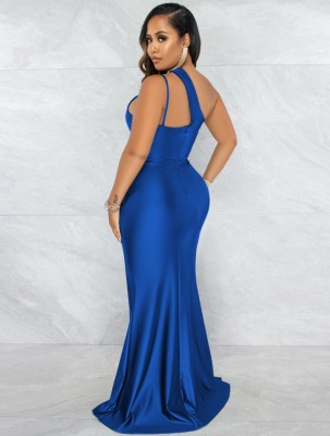 Women Summer Blue Sexy One Shoulder Sleeveless Solid Silt Evening Dress