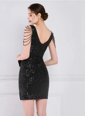 Women Summer Black Modest V-neck Sleeveless Sequined Mini Slit Club Dress