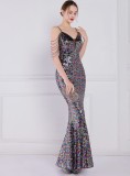 Women Summer Black Romantic Strap Sleeveless Sequined Mermaid Evening Dress