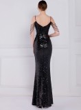 Women Summer Black Formal Strap Sleeveless Solid Sequined Mermaid Evening Dress
