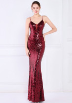 Women Summer Burgunry Formal Strap Sleeveless Solid Sequined Mermaid Evening Dress