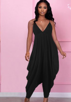 Women Summer Black Casual Strap Sleeveless Solid Ankle Length Loose Jumpsuit