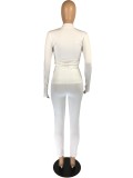 Women Spring White Casual Turtleneck Full Sleeves High Waist Solid Skinny Two Piece Pants Set