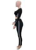 Women Spring Black Sports O-Neck Full Sleeves High Waist Striped Print Skinny Two Piece Pants Set